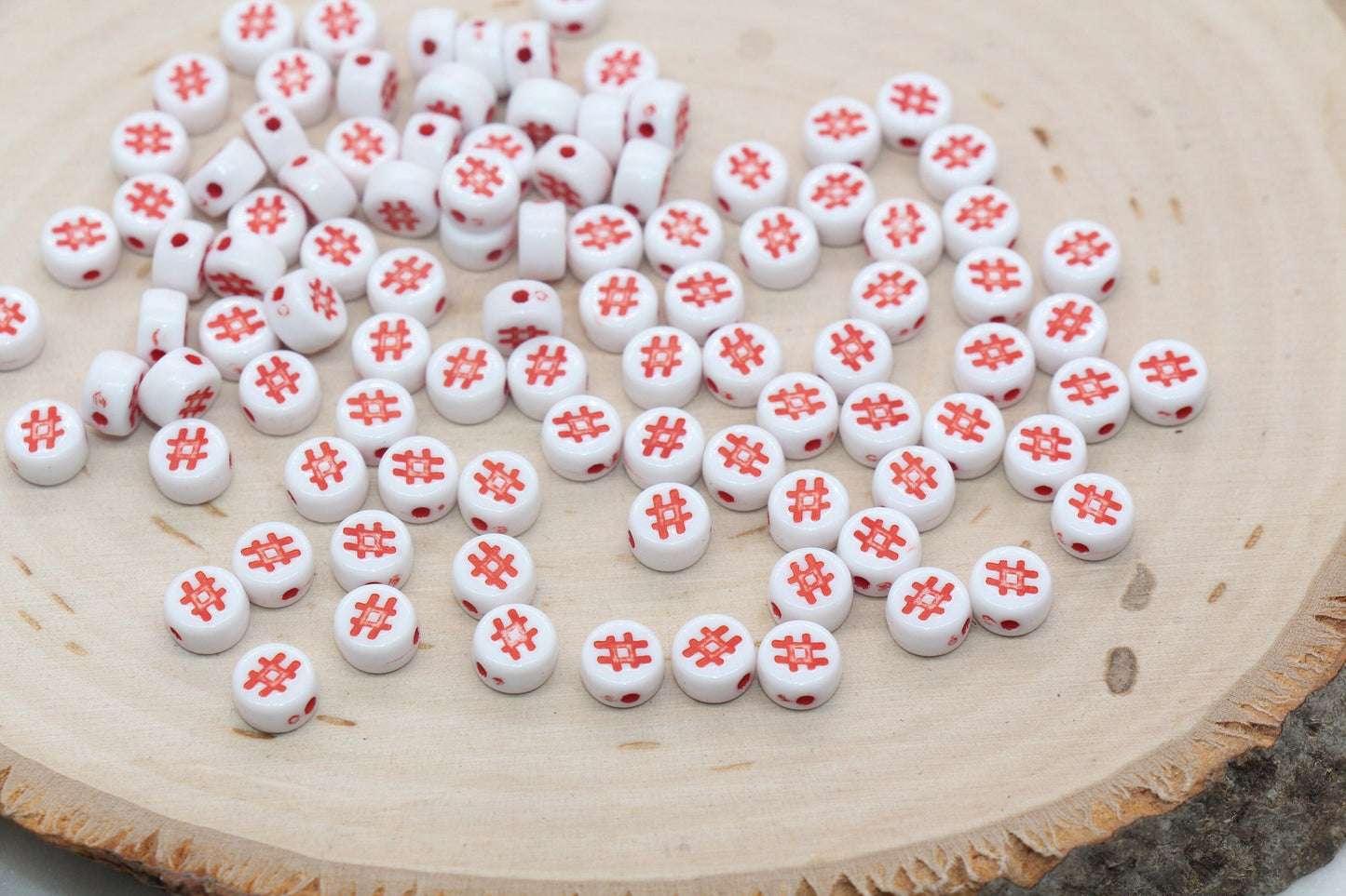 Hashtag Beads Beads, # Symbol Round Beads, White Beads with Red Hashtag Beads, Bracelet Beads, Jewelry Making #2981