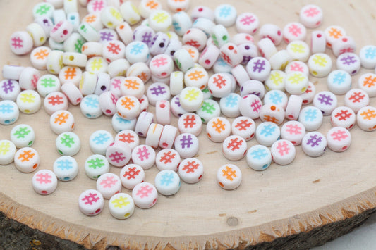 Hashtag Beads Beads, # Symbol Round Beads, White Beads with Mix Color Hashtag Beads, Bracelet Beads, Jewelry Making #2982