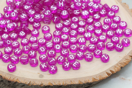 Magenta Pink Alphabet Letter Beads, Translucent Pink Beads with White Letters, Round Acrylic Beads, Name Initial Beads, 7mm #131