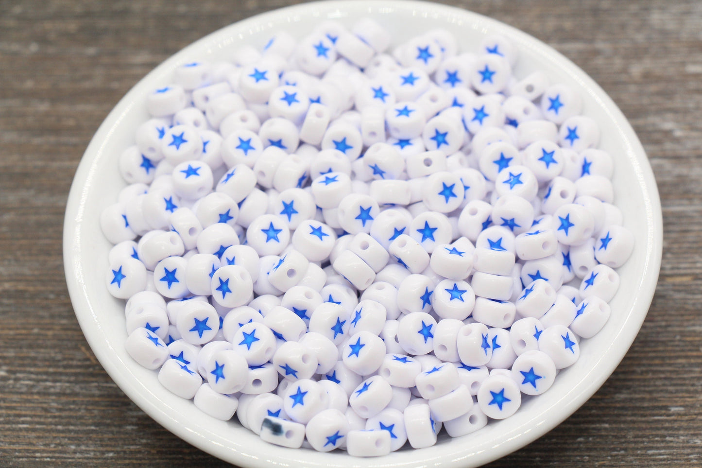 Blue Star Beads, Acrylic Blue Star Beads, White Beads with Blue Stars, Acrylic Symbol Beads, Size 7mm #300