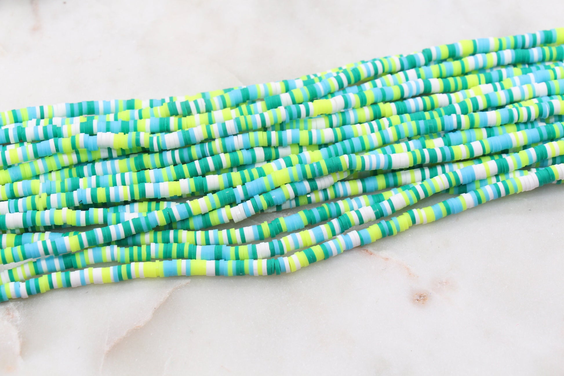 4mm Green Blue and White Mix Heishi Beads, Multicolor Polymer Clay Disc Beads, African Disc Beads, Vinyl Heishi, Full Strand #539
