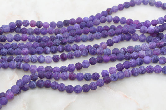 8mm Matte Purple Crackle Agate, Frosted Purple Agate Beads, Matte Round Gemstone Beads #256