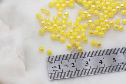 4mm Yellow AB Round Beads, Iridescent Acrylic Gumball Beads, Bubblegum Beads, Plastic Round Smooth Bead #3013