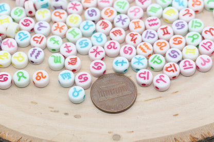 Zodiac Signs Beads, White Beads with Mix Color Zodiac Beads, Constellation Astrology Sign Symbol Beads, Size 7mm #2976