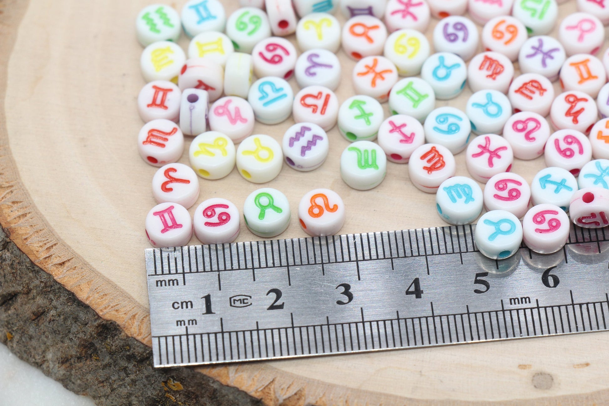 Zodiac Signs Beads, White Beads with Mix Color Zodiac Beads, Constellation Astrology Sign Symbol Beads, Size 7mm #2976