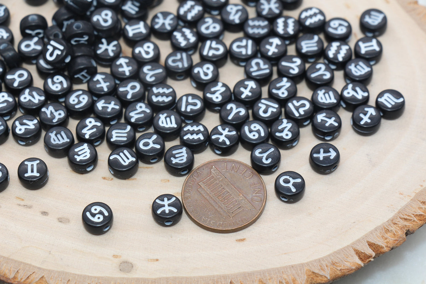 Zodiac Signs Beads, Black Beads with White Zodiac Sign Beads, Constellation Astrology Sign Symbol Beads, Size 7mm #2977