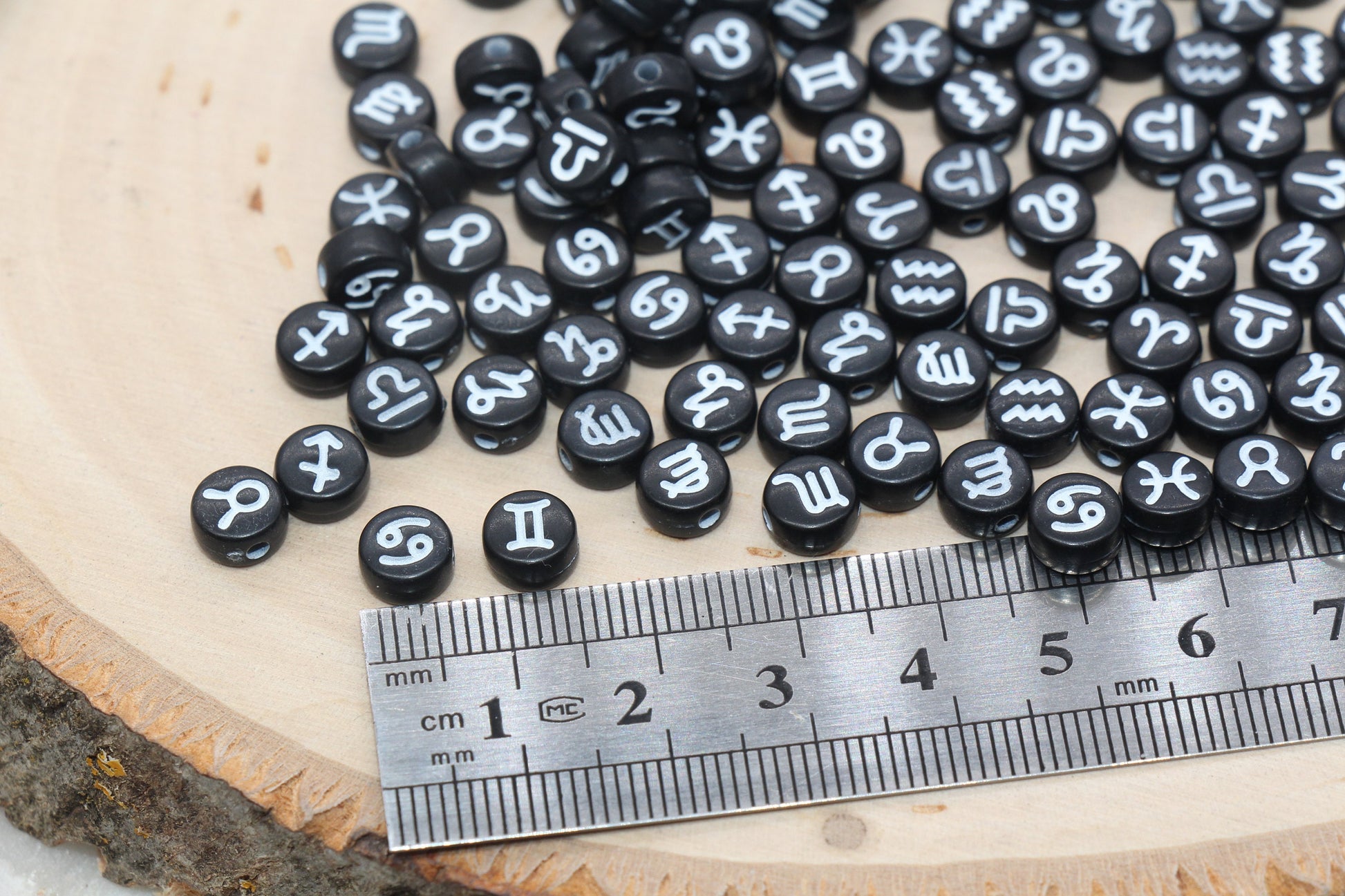 Zodiac Signs Beads, Black Beads with White Zodiac Sign Beads, Constellation Astrology Sign Symbol Beads, Size 7mm #2977