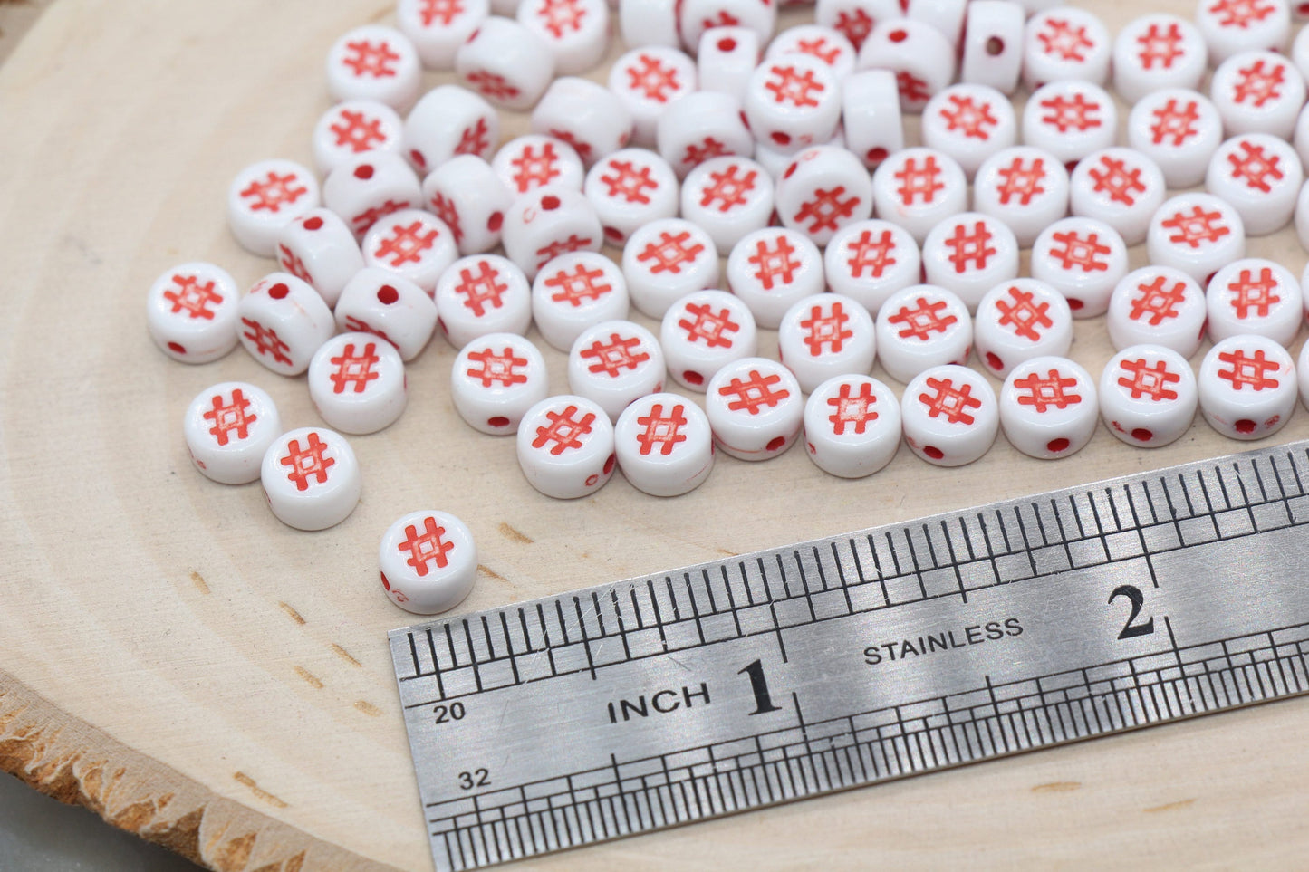 Hashtag Beads Beads, # Symbol Round Beads, White Beads with Red Hashtag Beads, Bracelet Beads, Jewelry Making #2981