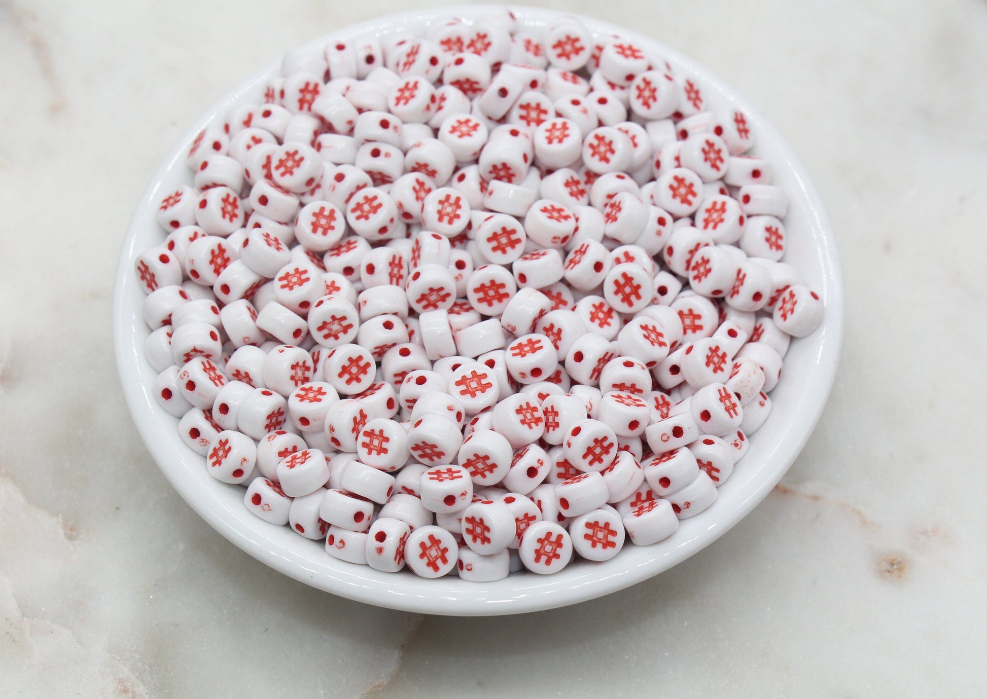 Hashtag Beads Beads, # Symbol Round Beads, White Beads with Red Hashtag Beads, Bracelet Beads, Jewelry Making #2981