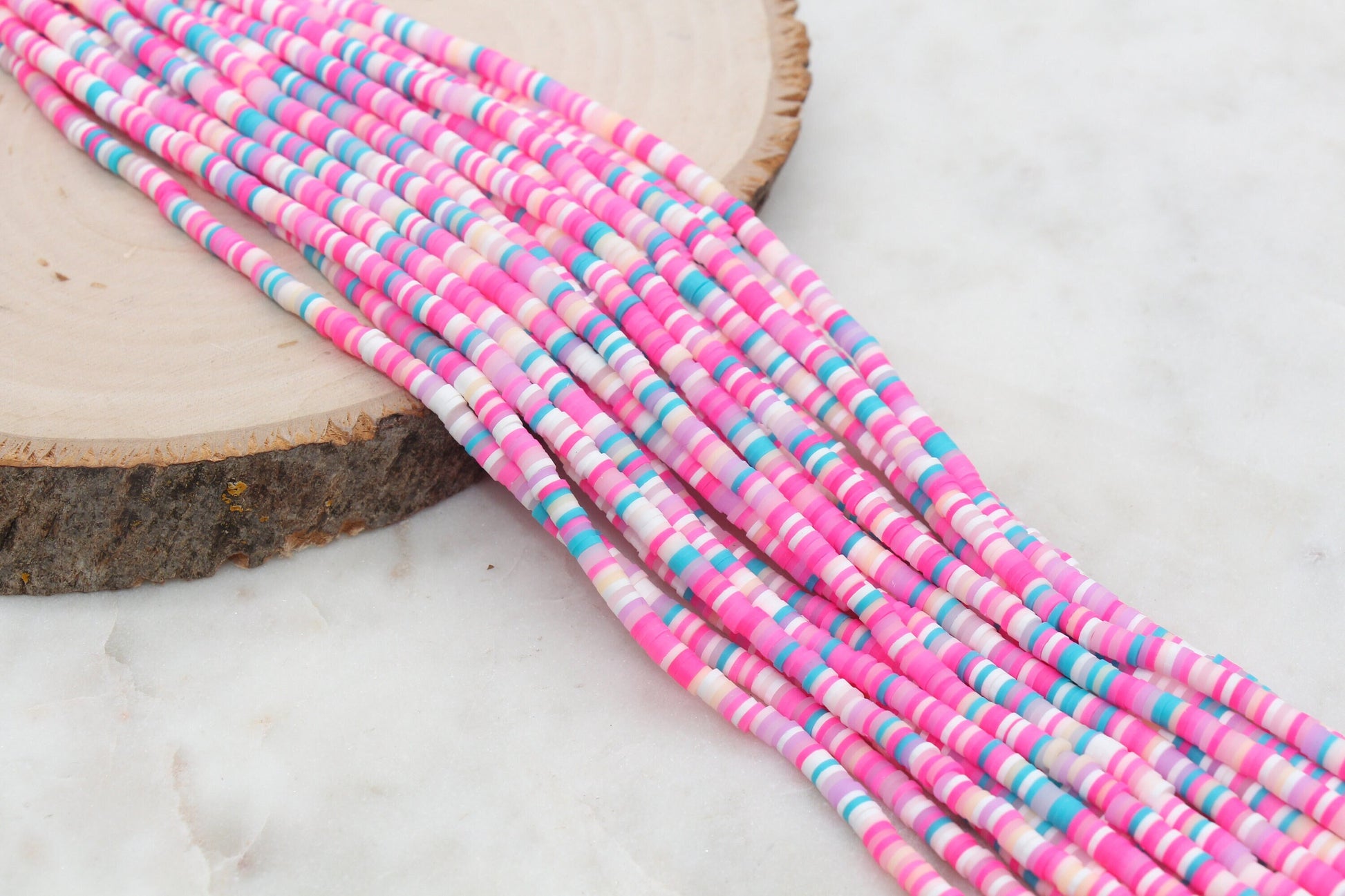 4mm Pink White and Blue Mix Heishi Beads, Pink Mix Polymer Clay Disc Beads, African Disc Beads, Vinyl Heishi, Full Strand #535