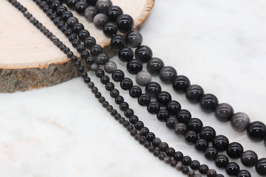 Silver Obsidian Beads, Black Beads Gemstone Smooth Round Loose Beads, Sizes 4mm 6mm 8mm 10mm 12mm, Full Strand 15 inch, #77