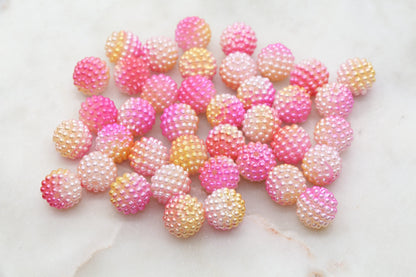 12mm Pink and Yellow Ombre Berry Beads, Imitation Pearl Acrylic Beads, Pearly Round Acrylic Loose Beads, Bubblegum Beads, Chunky Beads #3002