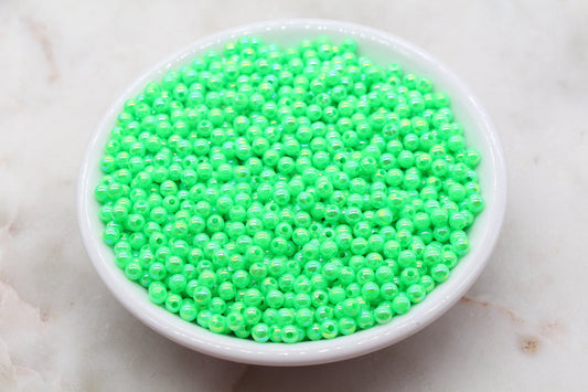 4mm Bright Green AB Round Beads, Iridescent Acrylic Gumball Beads, Bubblegum Beads, Plastic Round Smooth Bead #3011