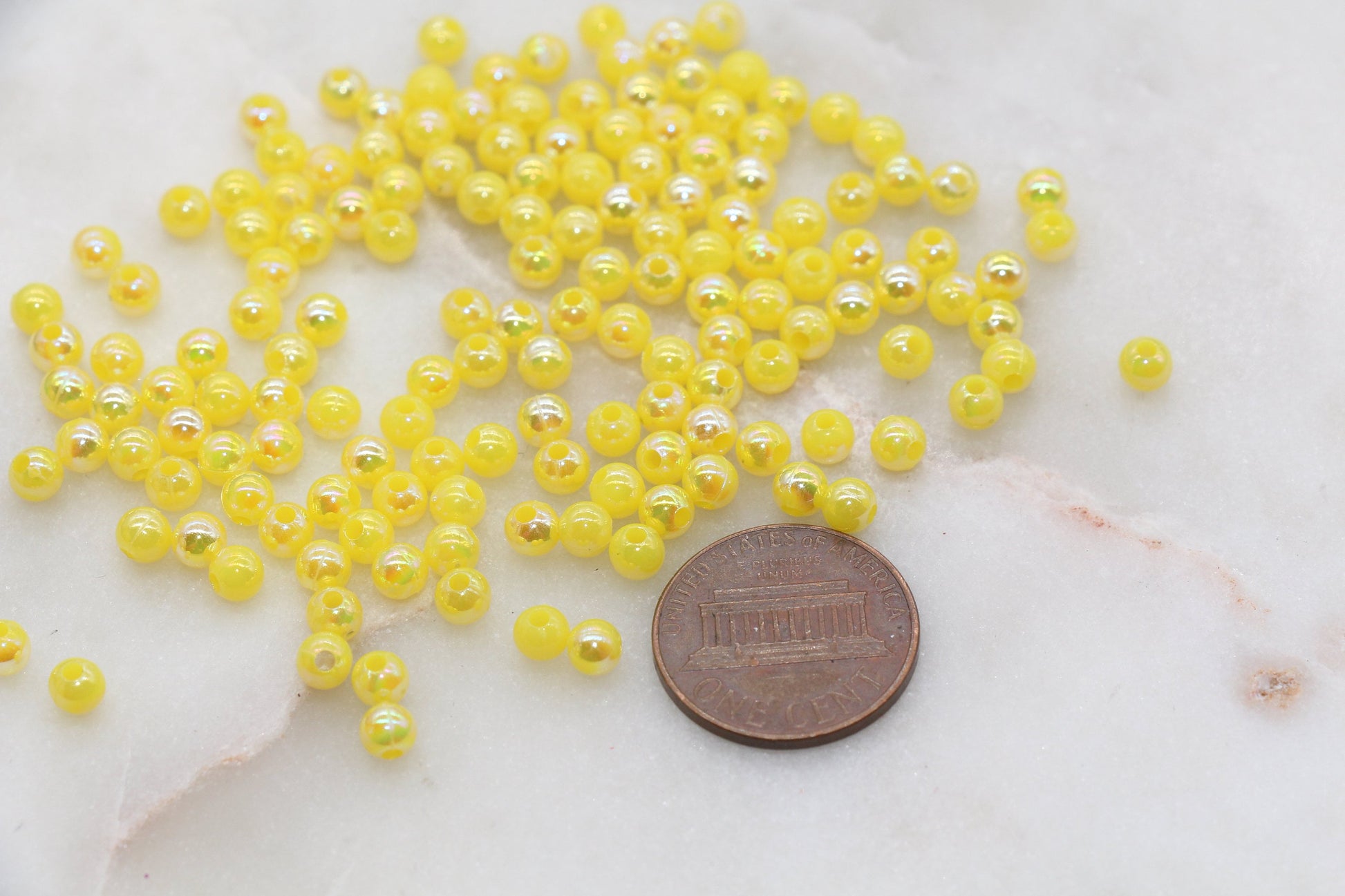 4mm Yellow AB Round Beads, Iridescent Acrylic Gumball Beads, Bubblegum Beads, Plastic Round Smooth Bead #3013