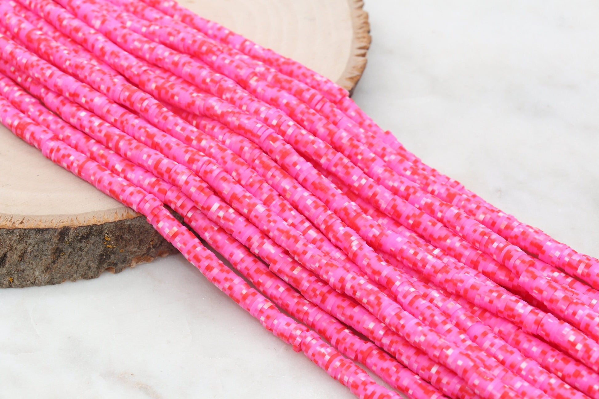 6mm Pink and Red Speckled Heishi Beads, Dotted Speckled Polymer Clay Disc Beads, African Disc Beads, Vinyl Heishi, Full Strand #613