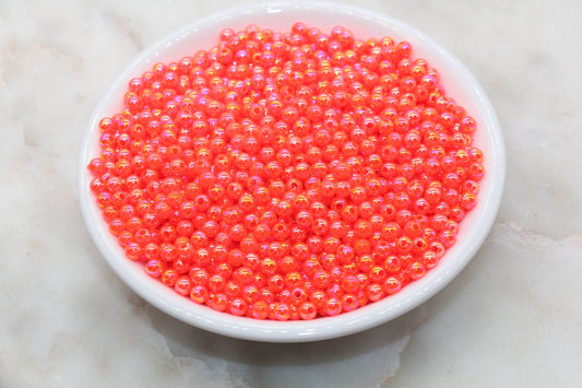 4mm Bright Orange AB Round Beads, Iridescent Acrylic Gumball Beads, Bubblegum Beads, Plastic Round Smooth Bead #3017