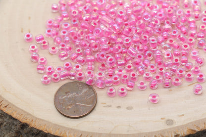 Iridescent Pink Lined Glass Seed Beads, 4mm 6/0 Glass Round Seed Beads, AB Pink Lining Glass Beads, Beading Supplies #646