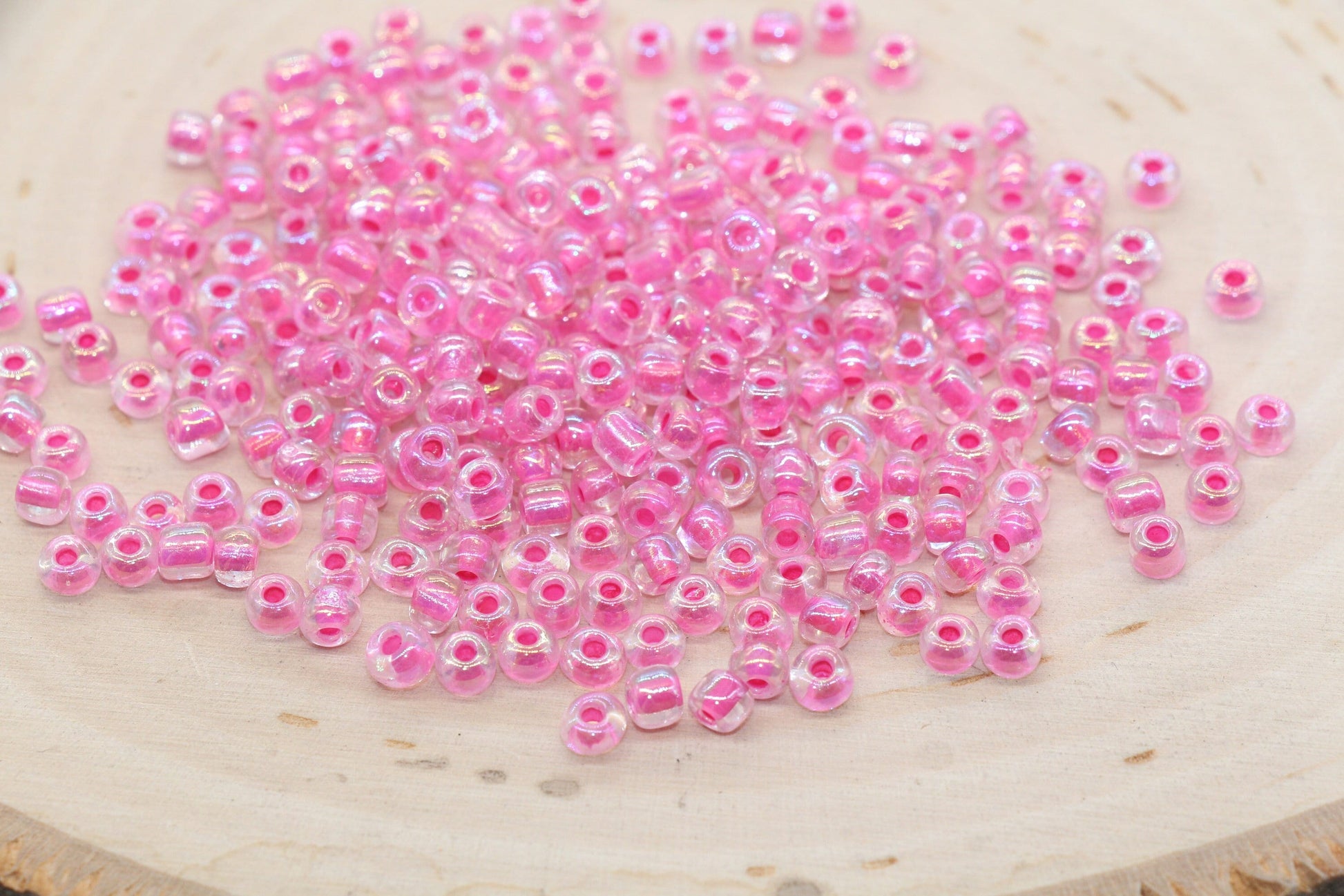 Iridescent Pink Lined Glass Seed Beads, 4mm 6/0 Glass Round Seed Beads, AB Pink Lining Glass Beads, Beading Supplies #646