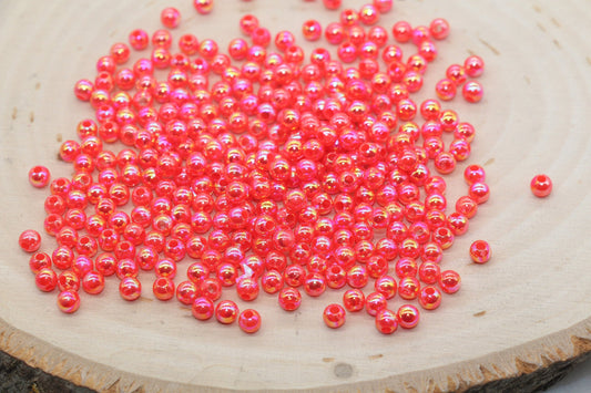 4mm Coral Red AB Round Beads, Iridescent Acrylic Gumball Beads, Bubblegum Beads, Plastic Round Smooth Bead #3009