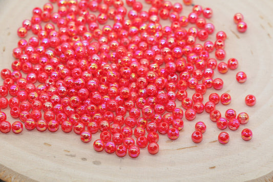 4mm Red AB Round Beads, Iridescent Acrylic Gumball Beads, Bubblegum Beads, Plastic Round Smooth Bead #3031