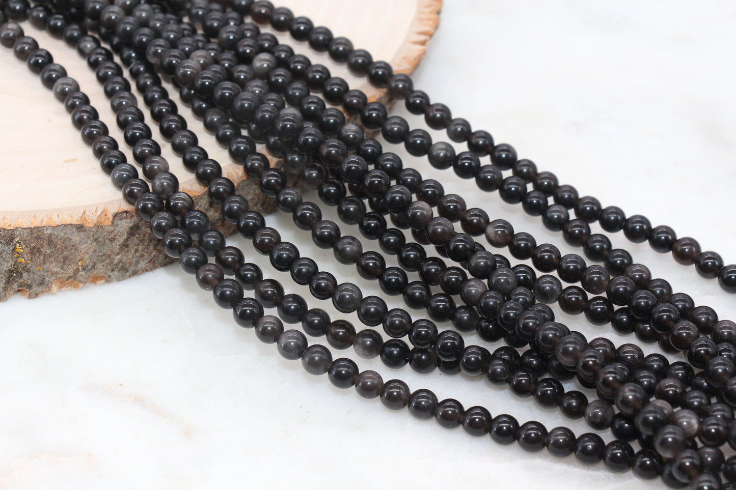 Silver Obsidian Beads, Black Beads Gemstone Smooth Round Loose Beads, Sizes 4mm 6mm 8mm 10mm 12mm, Full Strand 15 inch, #77