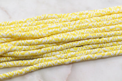 6mm Yellow Speckled Heishi Beads, Yellow with White Dotted Polymer Clay Disc Beads, African Disc Beads, Bracelet Beads, Full Strand #623