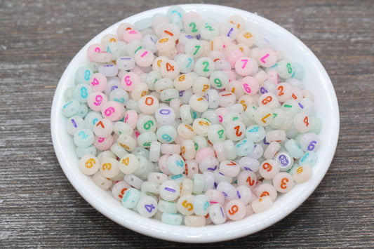 Glow in Dark Number Beads, Glowing Acrylic Mix Number Beads, Multicolor Number Beads, Flat Round Acrylic Number Beads, Size 7mm 